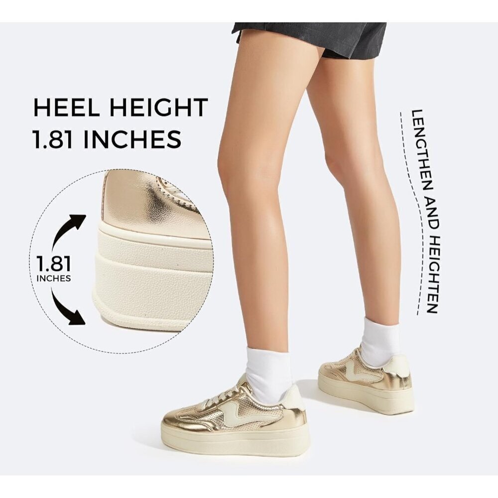 Women Platform Gold White Sneaker Thick Sole Suede Leather Low Top Walking Shoes - Picture 5 of 9